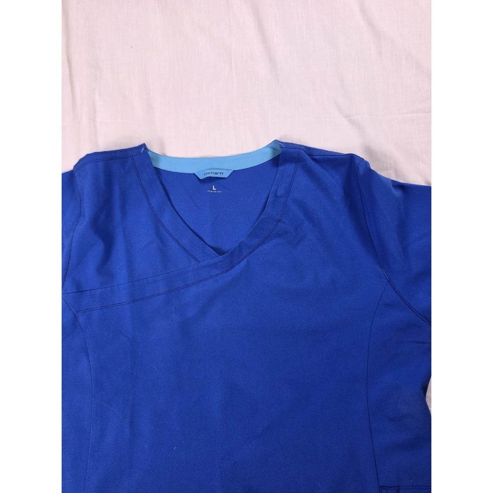 Carhartt Top Womens Large Blue V Neck Scrub Tunic Pockets Nurse Short Sleeve